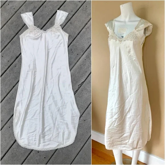 Vintage Ivory Lace-Trim Slip Dress | 90s Silky Cap Sleeve Lingerie Midi Dress - Picture 2 of 7